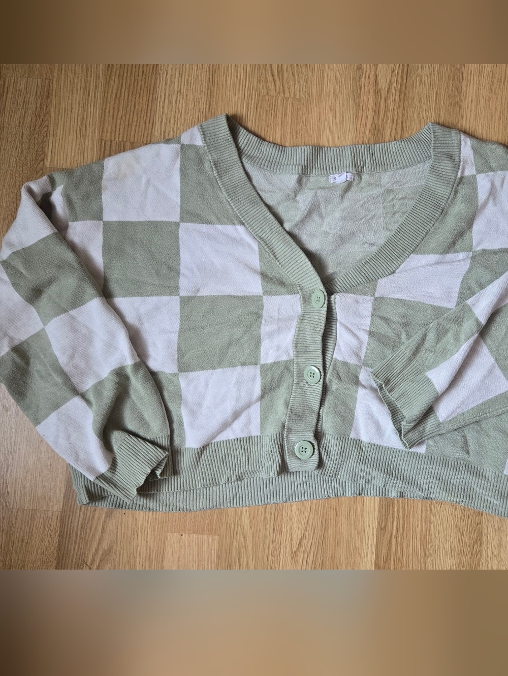 Garage Green and White Checkered Cropped Cardigan Sweater
